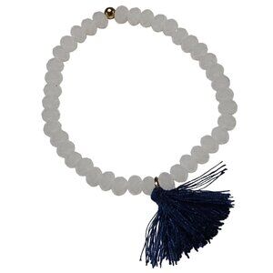 Handmade Boho White Beaded Bracelet Navy Blue Tassel Accent Fashion Jewelry